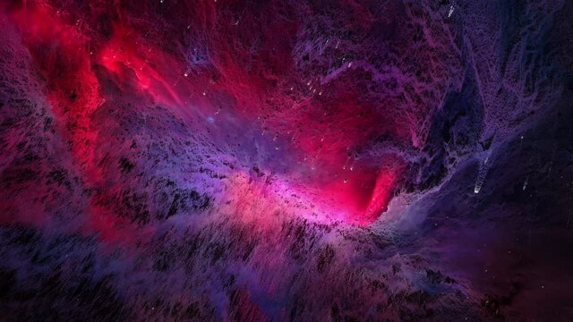 3D colorful nebula in deep space. Abstract creative artistic illustration mysterious universe, fantasy red and blue nebula. Science fiction animation space flight to deep space background concept. 
