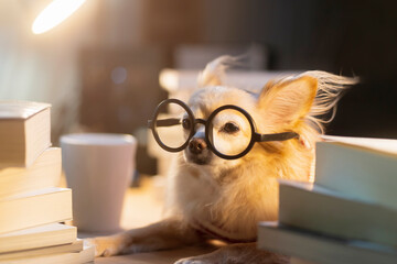 Nerd Chihuahua senior dog wear glasses working hard with laptop and stack of books work at home animal