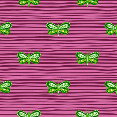 Fauna abstract seamless pattern with green bright folk butterfly shapes. Pink striped background.
