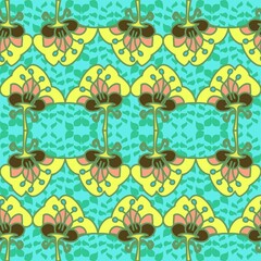 Fototapeta na wymiar Bright And Cute Floral Repeat Pattern In Aqua And Yellow On A Lace Effect Background