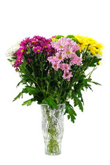 Bouquet of colorful carnations in a vase isolated on a white background. Spring flowers