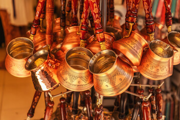 Turkish coffee maker in the sovereign shop. Many Metal Turkish Turk Coffee Makers For Turkish Coffee