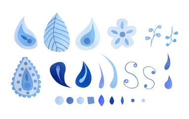 Watercolor set with blue abstract elements in orietal style for pattern design, wallpaper, textile. decor