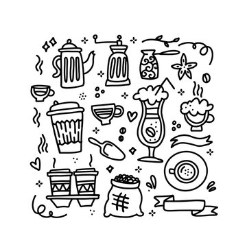 Cute doodle coffee shop icons set. Vector outline coffee drawings for cafe menu. Collection of Coffee linear doodles of cups, boans, pots.