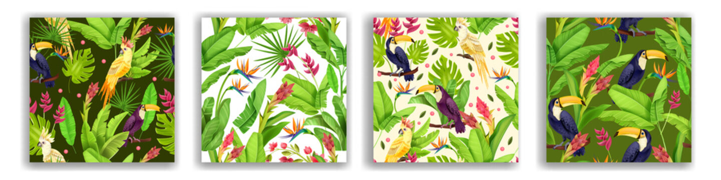 Jungle tropical vector seamless pattern set, exotic paradise summer background, toucan, parrot. Wildlife nature Hawaii floral texture, banana leaves, monstera, flowers. Jungle pattern green collection
