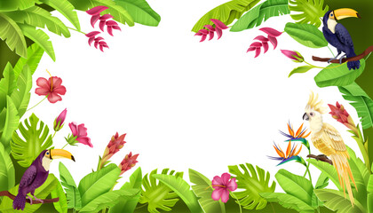 Jungle tropical vector frame, paradise nature border, banana leaves, exotic flowers, toucan, parrot. Rainforest summer Hawaii background, floral green design. Jungle frame, hibiscus, monstera, birds