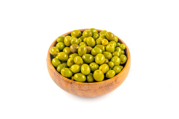 Scratched green olives. Turkish name; cizik yesil zeytin. Brined scratched green olives isolated on white background. Delicious geen olives.