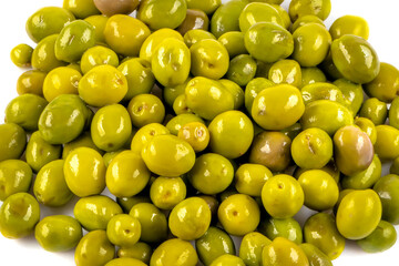 Scratched green olives. Turkish name; cizik yesil zeytin. Brined scratched green olives isolated on white background. Delicious geen olives.