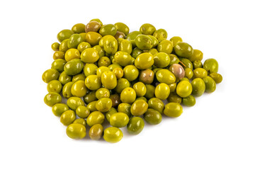 Scratched green olives. Turkish name; cizik yesil zeytin. Brined scratched green olives isolated on white background. Delicious geen olives.