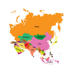 Asia map indicating the boundaries of each country.
