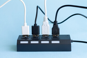 USB hub with multiple usb ports for cables close-up