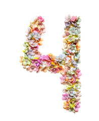 Flowers number 4 four made of colorful flowers isolated on white. Floral numbers