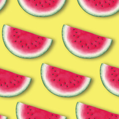 Hand drawn seamless pattern with watermelon semicircle slices on yellow background. Arranged watermelon slices cast a shadow. 