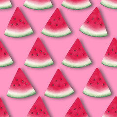 Seamless pattern with watermelon triangular slices arranged on pink background. Watermelon slices cast a shadow. Hand painted watermelon.