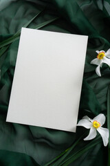 Mockup card with daffodils and green ribbon