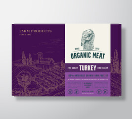 Premium Quality Poultry Mock Up. Organic Vector Meat Packaging Label Design on a Cardboard Box Container. Modern Typography and Hand Drawn Turkey Face and Rural Landscape Sketch Background Layout
