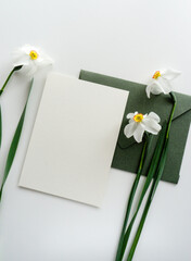 Mockup card with green envelope and daffodils 