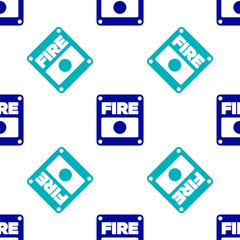 Blue Fire alarm system icon isolated seamless pattern on white background. Pull danger fire safety box. Vector