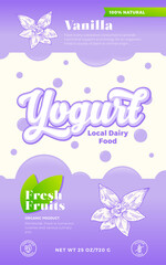 Spices Yogurt Label Template. Abstract Vector Dairy Packaging Design Layout. Modern Typography Banner with Bubbles and Hand Drawn Vanilla Flower with Leaves Sketch Silhouette Background. Isolated