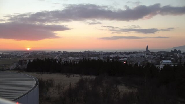 Sunset with a view on the Reykjavik and city center from Perlan. 