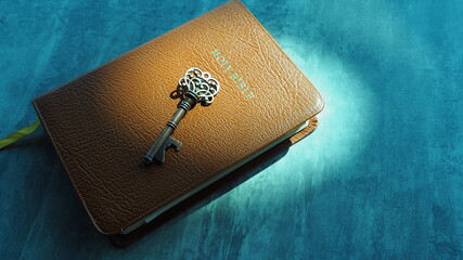 Key and bible on grey marble. Concept bible is key of life.  Key  Salvation is in bible. ...