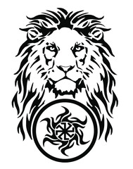 The Lion's head and celtic swastika, drawing for tattoo, on a white background, illustration, black and white, vector 