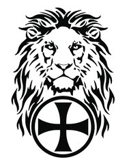 The Lion's head and the symbol of Christianity - the catholic cross, drawing for tattoo, on a white background, illustration, black and white, vector 