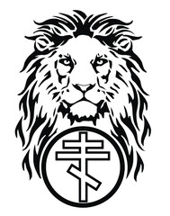 The Lion's head and the symbol of Christianity - the catholic cross, drawing for tattoo, on a white background, illustration, black and white, vector 