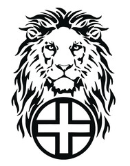 The Lion's head and the symbol of Christianity - the catholic cross, drawing for tattoo, on a white background, illustration, black and white, vector 
