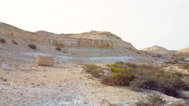 Big sandstone rock among bushes on desert in Riffa