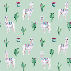 Watercolor hand painted seamless pattern with alpaca and cactuses on blue and grey background. Cute design for textile, wrapping paper or children’s goods.