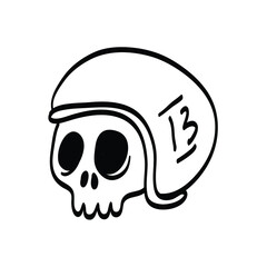 a cute skull doodle with helmet isolated on white background. funny head bone in vector illustration for decorating design. symbol, logo, and icon collection of cute element.