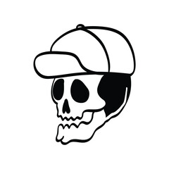 a cute skull doodle with hat isolated on white background. funny head bone in vector illustration for decorating design. symbol, logo, and icon collection of cute element.