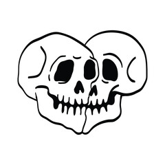 two cute skull doodles formed love shape isolated on white background. funny head bone in vector illustration for decorating design. symbol, logo, and icon collection of cute element.