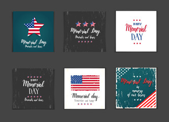 Obraz na płótnie Canvas Memorial Day card set. National american holiday illustration with american flag, stars and Hand made lettering - Memorial day. Remember and honor. In memory of our heroes
