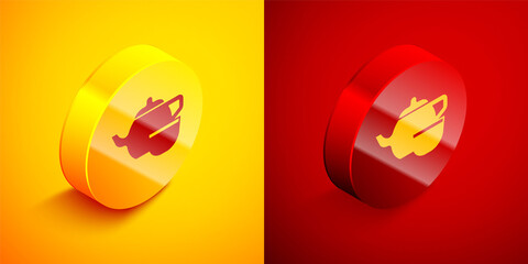 Isometric Traditional Chinese tea ceremony icon isolated on orange and red background. Teapot with cup. Circle button. Vector