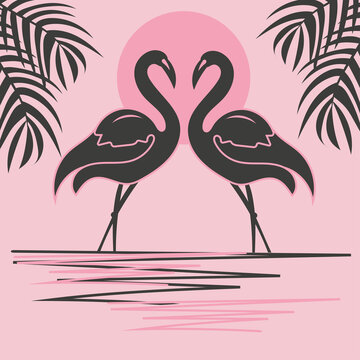 Two flamingos at sunset. A pair of bird silhouettes with palm branches on a pink background