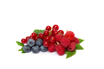 Fresh red berries raspberries, blueberry, redcurrants with green leaves on white background with space for text