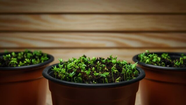Growing plants timelapse, fresh potted microgreens grows in time-lapse, plant growth in fast motion on wooden background, sprouts germination in greenhouse agriculture. Grow healthy eco-food at home