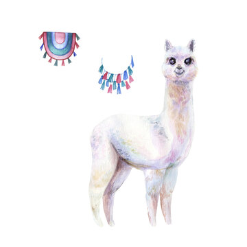 Watercolor hand painted alpaca with traditional accessories. Cute illustration for design of children’s goods and decor: textile, wallpaper, posters, dishes, stationary, wrapping paper.