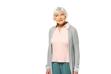 Senior woman looking at camera isolated on white