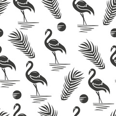 Seamless pattern with flamingo, palm branch and sun. Black silhouettes on a white background