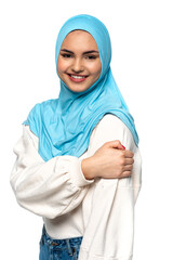 Smiling arabian woman in blue hijab looking at camera isolated on white