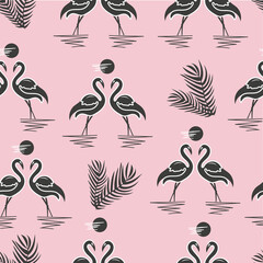 Two flamingos at sunset. A pair of bird silhouettes with palm branches on a pink background. Seamless pattern