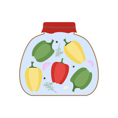 A jar of canned sweet peppers. Homemade pickles. Natural organic food. Farm products. Vector illustration
