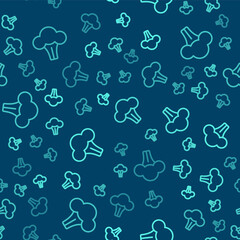 Green line Broccoli icon isolated seamless pattern on blue background. Vector