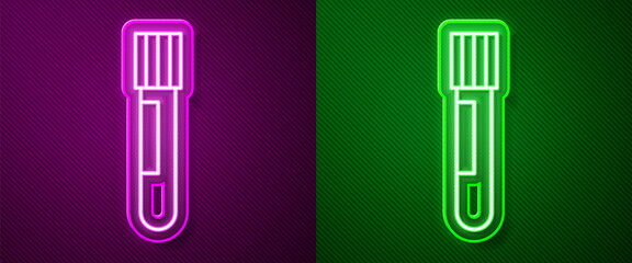 Glowing neon line Test tube and flask chemical laboratory test icon isolated on purple and green background. Laboratory glassware sign. Vector