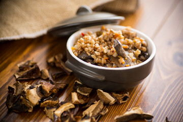 boiled buckwheat with organic forest dried mushrooms in a ceramic bowl