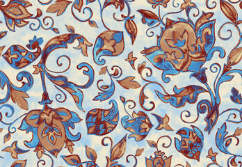 Fototapeta premium Paisley watercolor floral pattern tile: flowers, flores, tulips, leaves. Oriental indian traditional hand painted water color whimsical seamless print, ceramic design. Abstract india batik background
