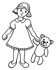 Vector black and white illustration of little girl with toy bear in hand. Girl with a teddy bear. Design for coloring book.